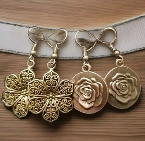 Antique Bronze Flower Dangle Filigree Drop Earings Boho Wire Hook